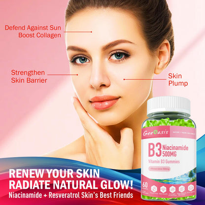 Geeoasis Niacinamide 500mg Gummies, Chewable Vitamin B3 Supplement with Resveratrol 500mg, High Potency Niacin for Antioxidant, Skin & Brain Health,