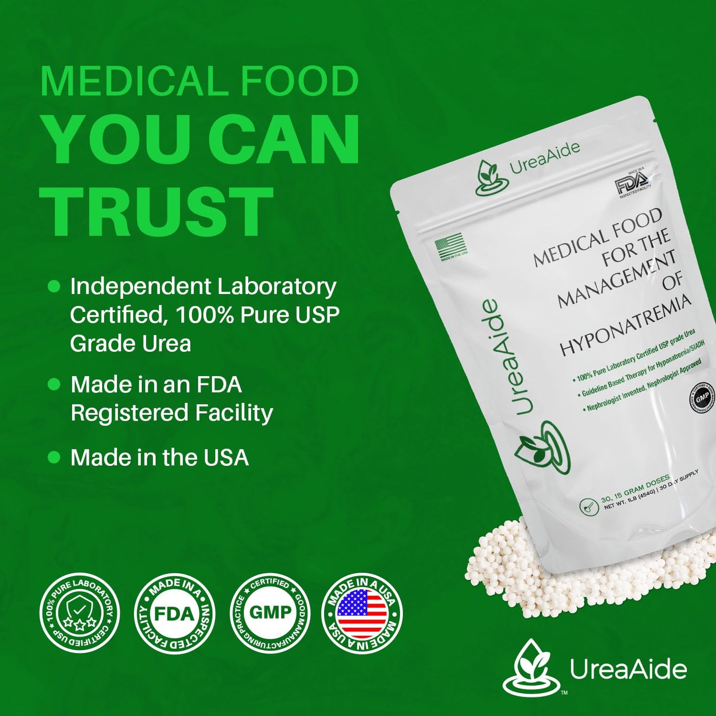UreaAide Unflavored Urea Powder for Low Sodium 30 Servings Oral Urea Powder for Hyponatremia-Single Ingredient 100% Medical Grade Urea with 15 gram Dose Scoop