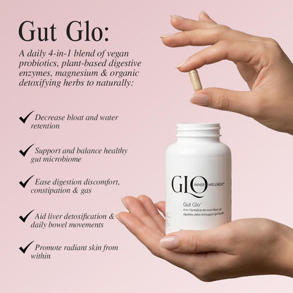 GLO Inner Wellness Gut Glo Natural Bloating Relief, Gut Health, Digestion & Constipation Aid 4-in-1 Probiotic, Digestive Enzyme, Magnesium