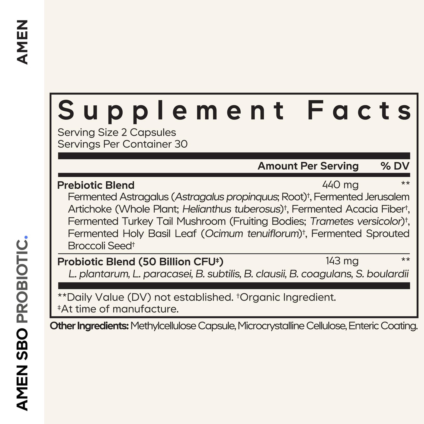 Amen Probiotics Supplement, SBO Probiotic and Organic Prebiotics, 50 Billion CFUs, Shelf Stable, No Refrigeration Required, Flora Daily Probiotic Formula for Women & Men