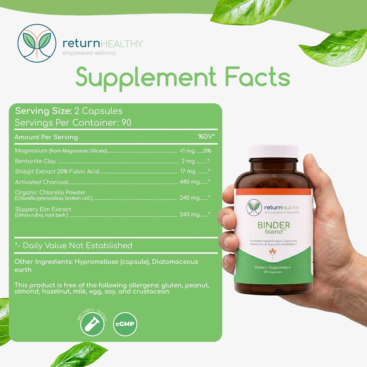 Binder Blend - Toxin Binder Supplement, Detox Capsules for a Healthy Gut - 180 Capsules - 90 Servings - 960mg Activated Charcoal