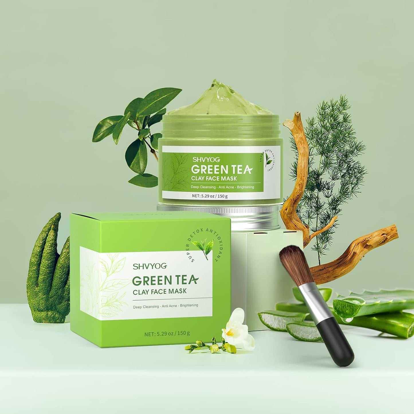 SHVYOG Green Tea Face Mask, Antioxidant Green Tea Clay Mask with Volcanic Mud, Deep Cleansing & Moisturizing & Hydrating Clay Facial Mask
