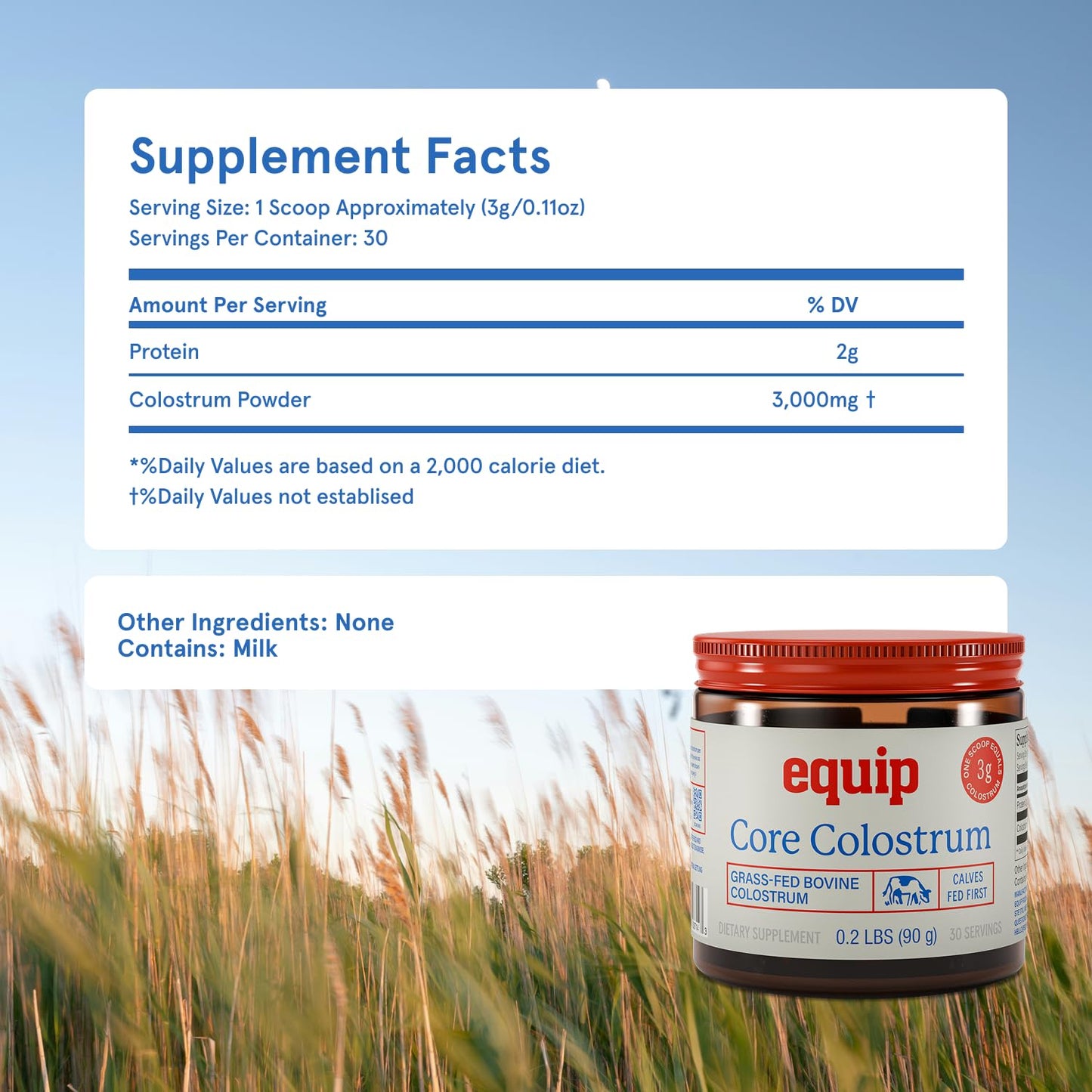 Equip Foods Core Bovine Colostrum Powder - 3,000mg Grass Fed Colostrum Supplement - Gut Health, Immunity, Recovery Lactoferrin Supplements - Keto Friendly Bovine