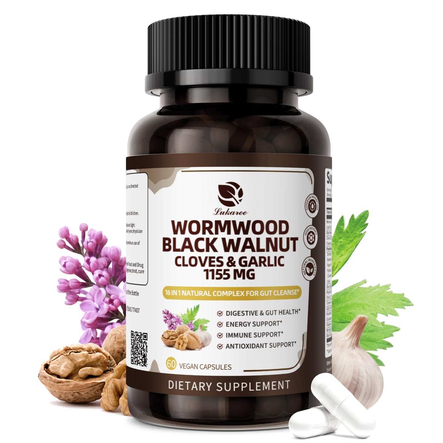 Lukaree 16-in-1 Wormwood Black Walnut Clove Cleanse for Humans – Natural Gut Detox & Digestive Health with Pumpkin Seeds Garlic Oregano Turmeric, Liposomal Tech