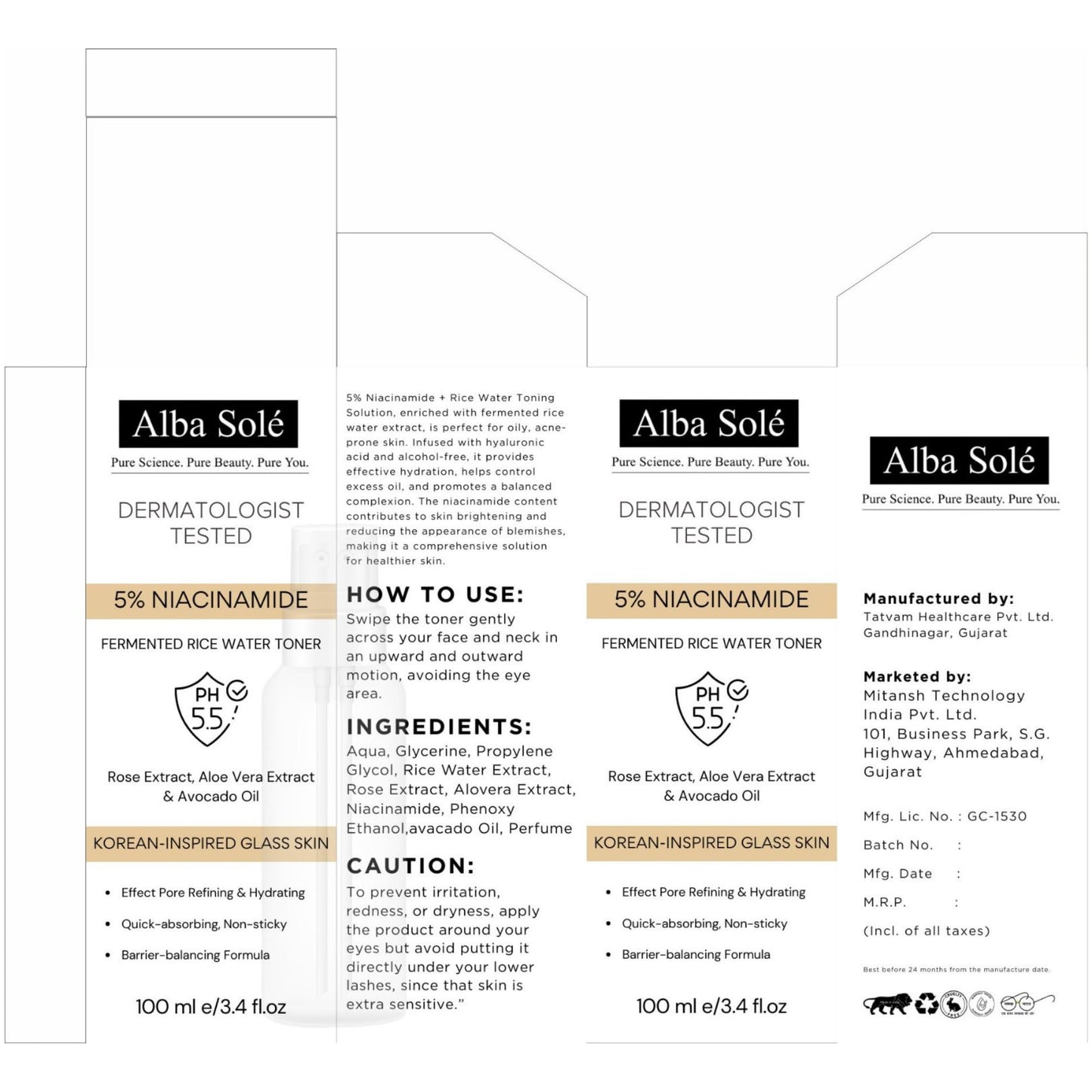 Alba Solé 5% Niacinamide Face Toner with Fermented Rice Water | pH 5.5 Balancing Toner | Hydrates, Refines Pores & Brightens for Glass Skin