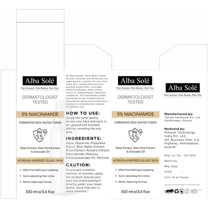 Alba Solé 5% Niacinamide Face Toner with Fermented Rice Water | pH 5.5 Balancing Toner | Hydrates, Refines Pores & Brightens for Glass Skin