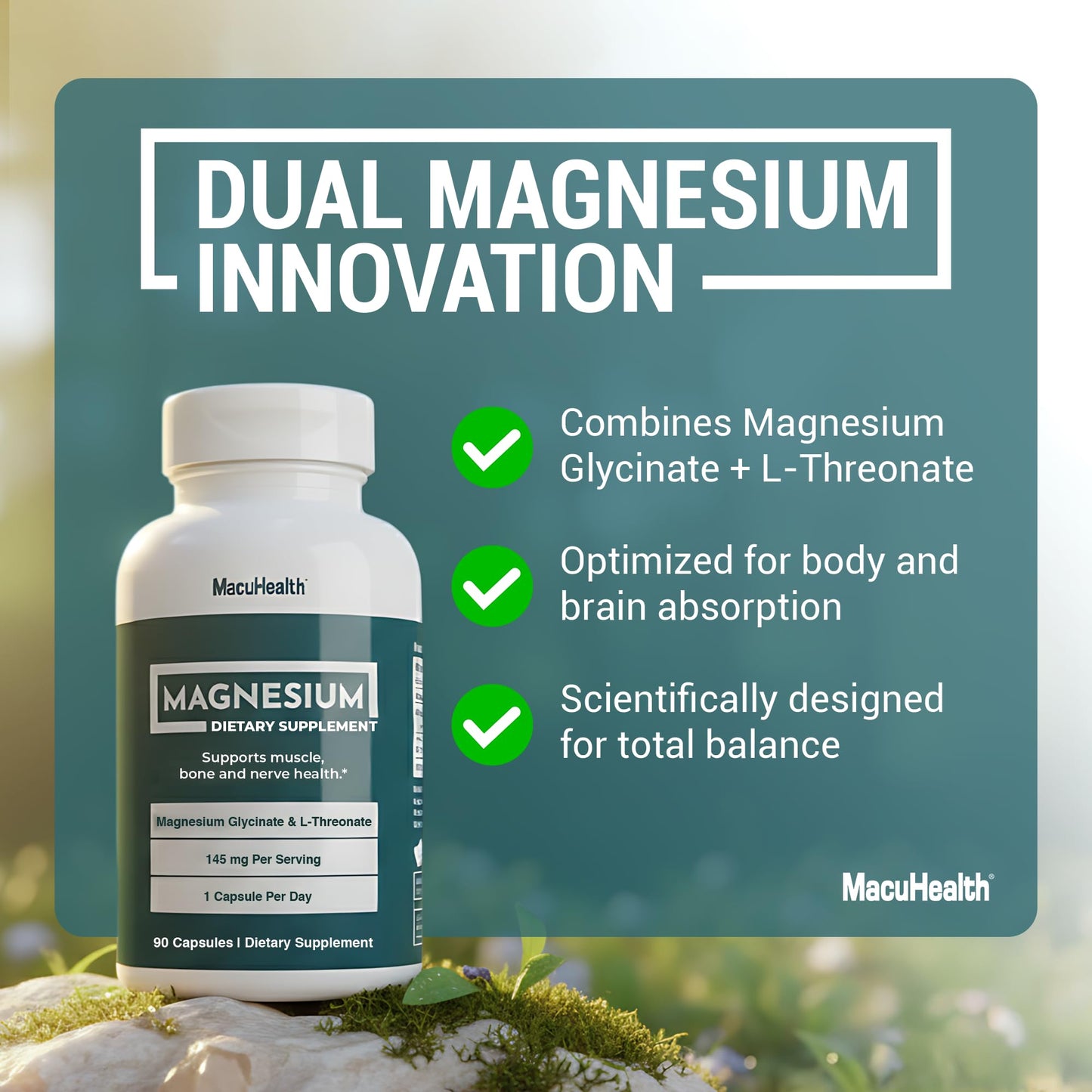 MacuHealth Magnesium Glycinate & L-Threonate 145mg - 90 Capsules - Highly Absorbable Magnesium for Energy, Calm & Focus - Gentle on Stomach, Vegan, Non-GMO