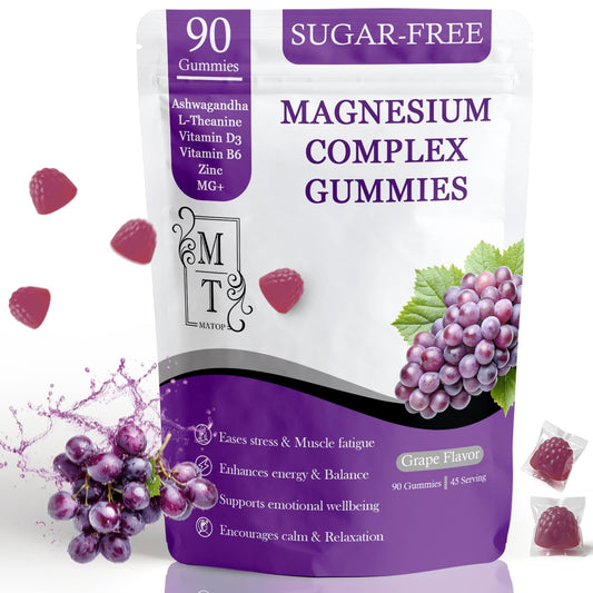 Package of sugar-free magnesium complex gummies with grape flavor on a white background