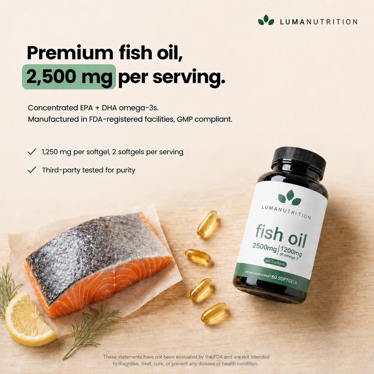 Luma Nutrition Omega 3 Fish Oil Supplement - Extra Strength 2500mg Per Serving - 2000mg EPA & DHA Per Serving