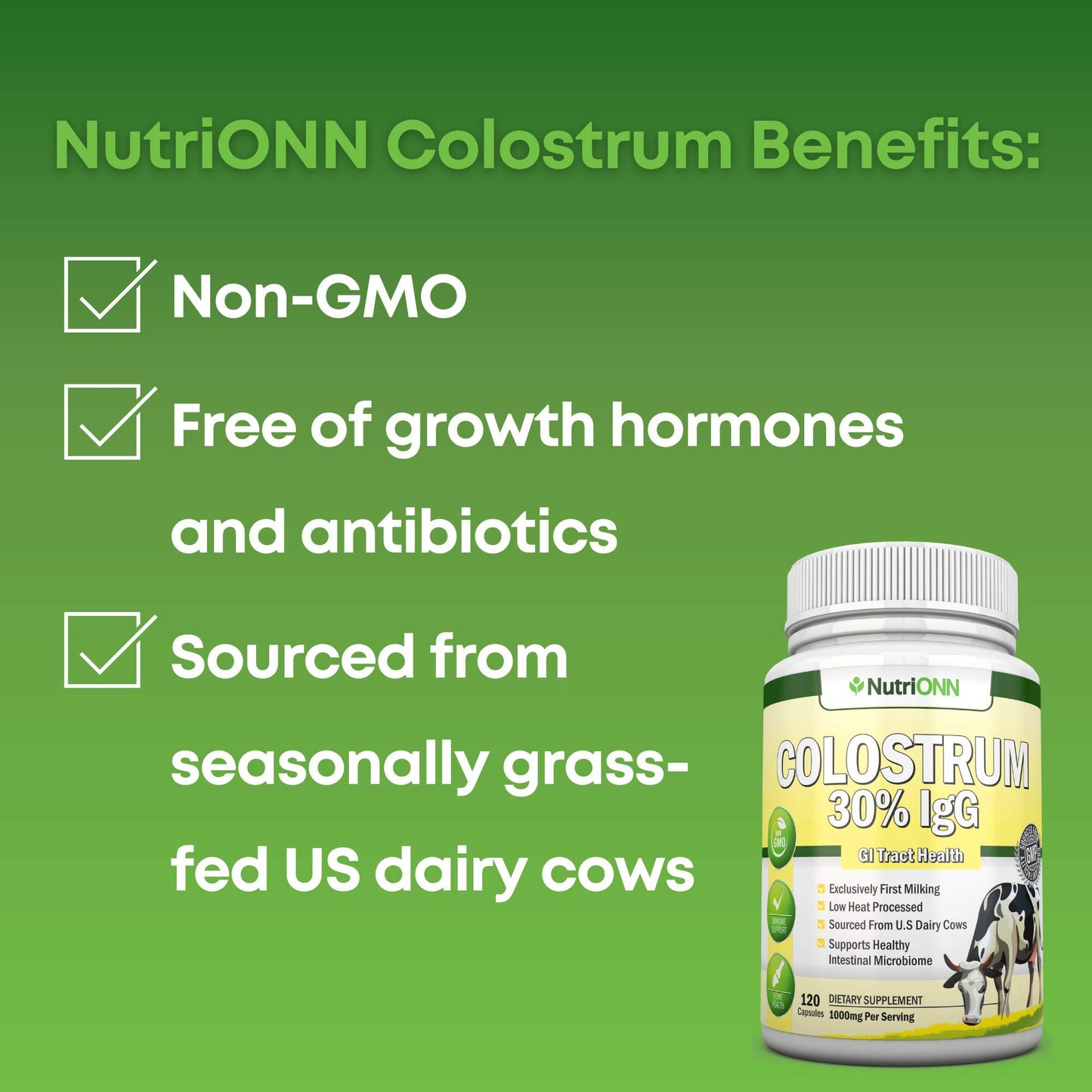Colostrum - 1000mg - 120 Capsules - 30% IgG - Non-GMO US Dairy - First Milking Bovine Colostrum - Low Heat Processed - Great for GI Tract Health