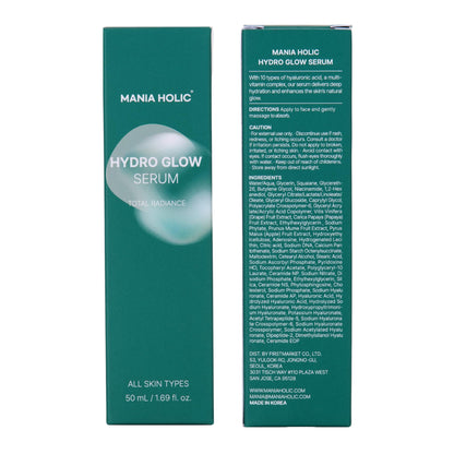 MANIA HOLIC Hydro Glow Serum, Hydrating Facial Serum for Smoother Skin, Made with 10 Hyaluronic Acids, Vitamins B,C, E, & Ceramides, Lightweight and Non-Greasy