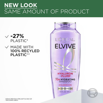 L'Oreal Paris Elvive Hyaluron Plump Hydrating Shampoo for Dehydrated, Dry Hair Infused