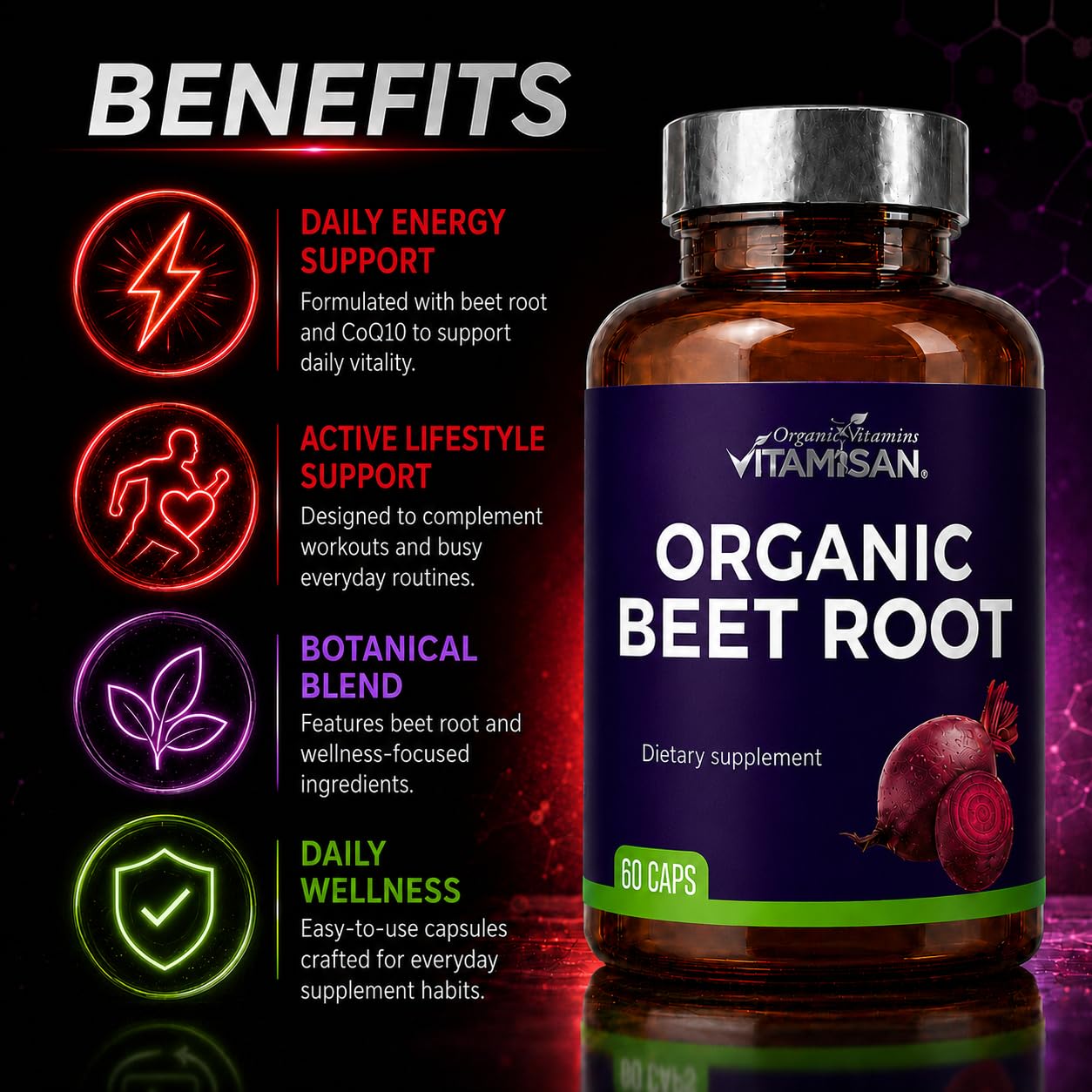 VITAMISAN Beets Root – 2 Pack (120 Capsules) – Organic Beet Root with CoQ10 and Collagen