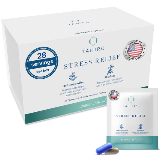TAHIRO Stress-Relief Supplement – Natural Brain Support Supplement with Magnesium, Vitamin B, Ashwagandha, Brahmi – Non-GMO Vegan Brain Booster Supplement