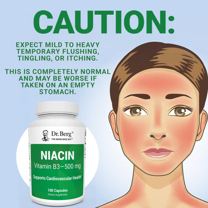 Dr. Berg Highly-Potent Niacin 500 mg – Now Only 125 mg per Capsule for Niacin Flush Tolerance Building – Gradually Increase to 500mg a Day – Vitamin B3 for Heart