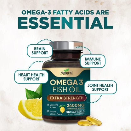 Omega 3 Fish Oil Supplements - 2400mg Fish Oil Per Serving - Triple Strength Omega-3 with Fatty Acids EPA & DHA - Natural Heart, Brain & Immune Support