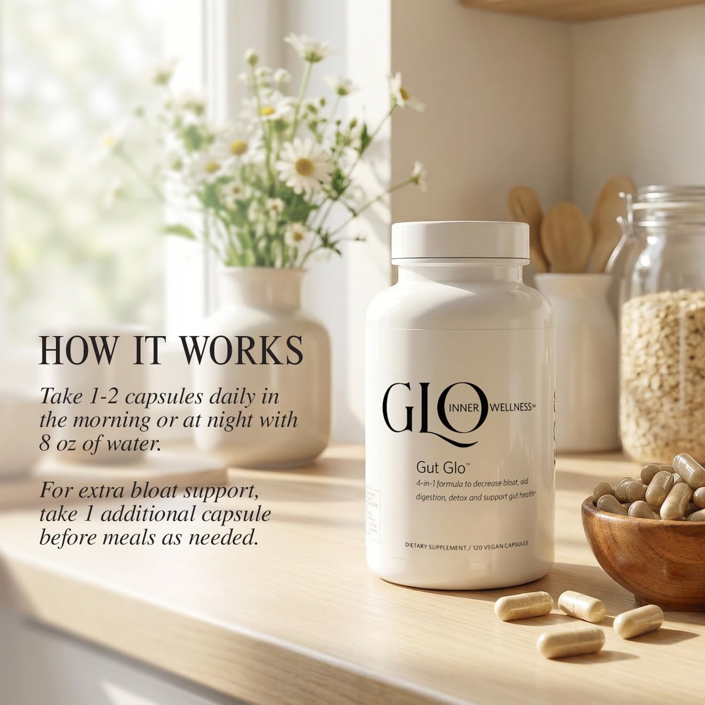GLO Inner Wellness Gut Glo Natural Bloating Relief, Gut Health, Digestion & Constipation Aid 4-in-1 Probiotic, Digestive Enzyme, Magnesium
