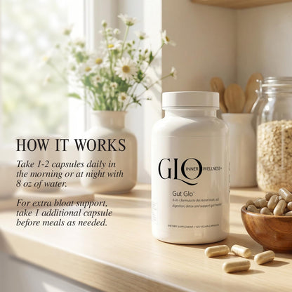 GLO Inner Wellness Gut Glo Natural Bloating Relief, Gut Health, Digestion & Constipation Aid 4-in-1 Probiotic, Digestive Enzyme, Magnesium