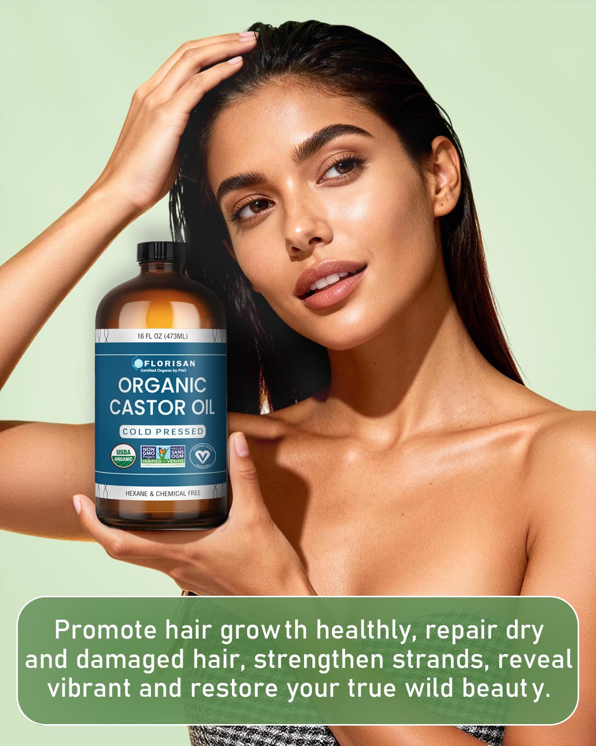 Florisan USDA Certified Organic Castor Oil 16oz Glass Bottle, Cold Pressed, Hexane-Free, Non-GMO, Vegan, 100% Pure Castor Oil for Hair Growth,