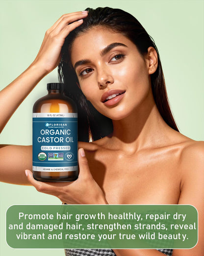 Florisan USDA Certified Organic Castor Oil 16oz Glass Bottle, Cold Pressed, Hexane-Free, Non-GMO, Vegan, 100% Pure Castor Oil for Hair Growth,