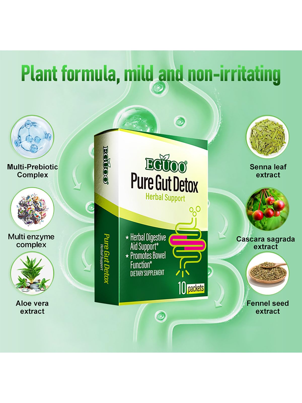EGUOO Pure Gut Detox Powder – Bloating & Digestive Support | 10 Sachets Colon Cleanse with 2,456mg Prebiotics, DigeZyme® Enzymes & Senna