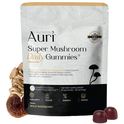 Auri Nutrition Super Mushroom Daily Gummies – All-in-One Functional Gummy with 12 Mushroom Blend Including Lion’s Mane