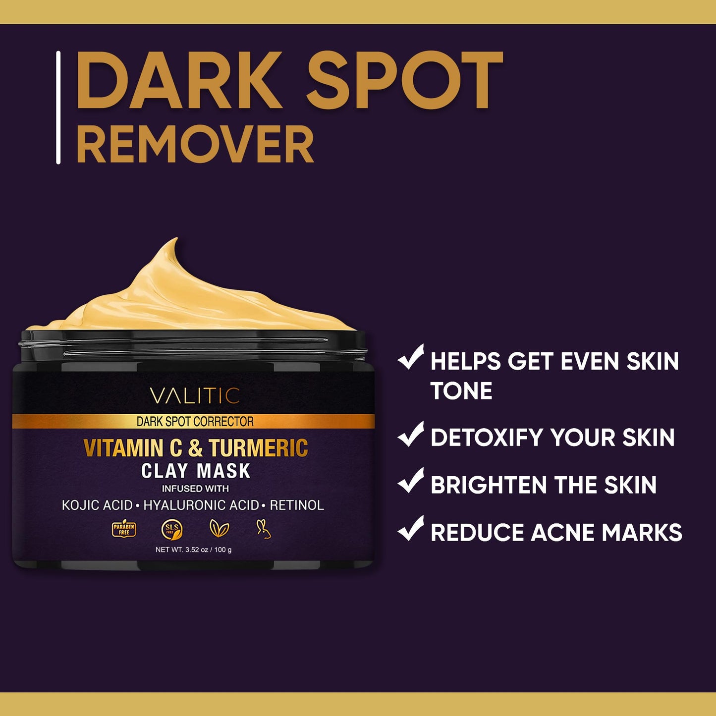 VALITIC Vitamin C & Turmeric Clay Mask - Dark Spot Corrector with Kojic Acid, Hyaluronic Acid & Retinol - Skin Care Routine for Minimizing Pores