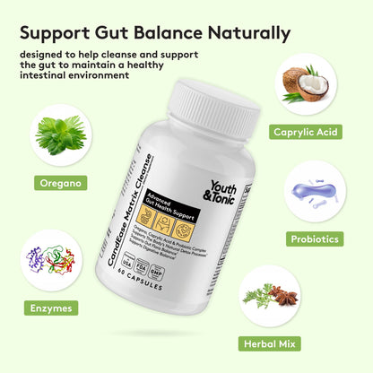Youth & Tonic CandEase Cleanse Matrix – Overgrowth Support & Gut Health, Intestinal Flora Balance & Body Detox Complex with Oregano, Caprylic Acid