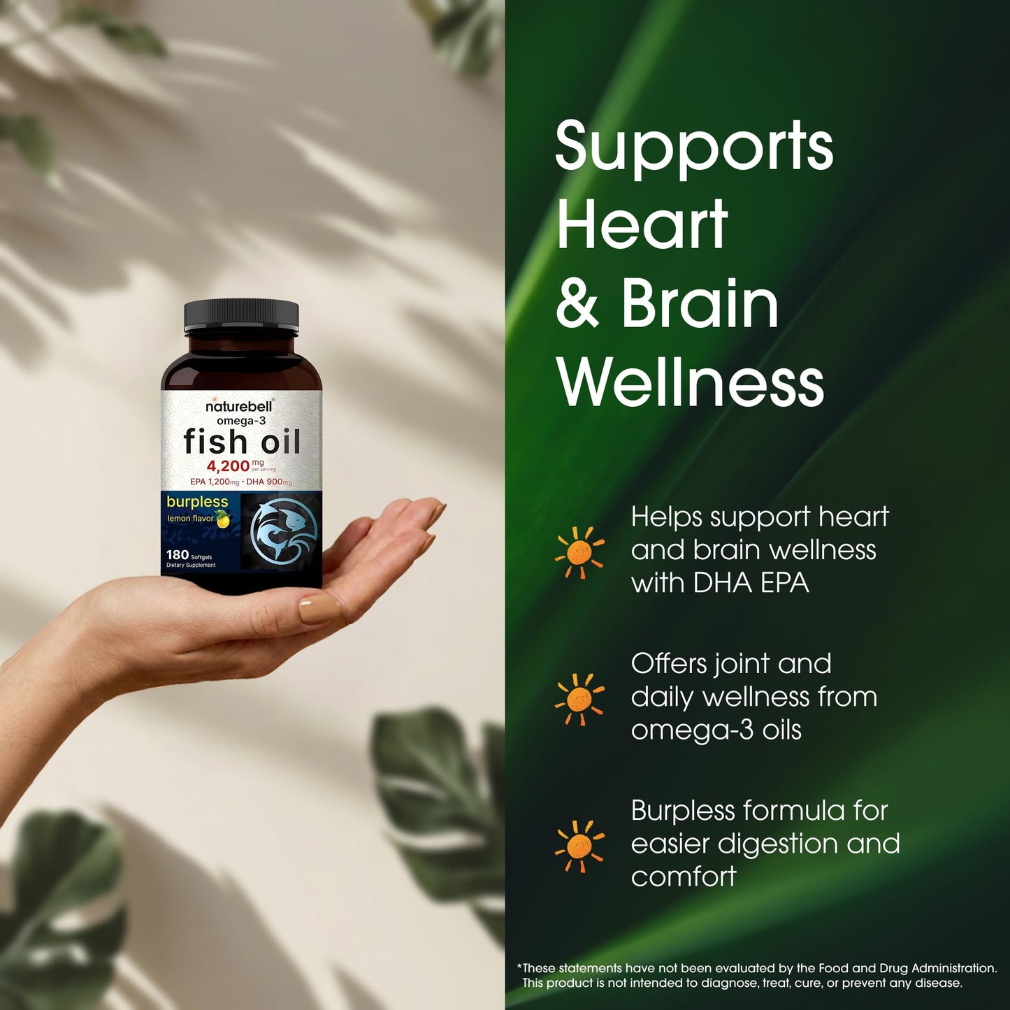 NatureBell Omega-3 Fish Oil - 180 Softgels - Support for Joint, Brain & Heart Health* - with EPA & DHA - No Burps or Fishy Aftertaste - Non-GMO