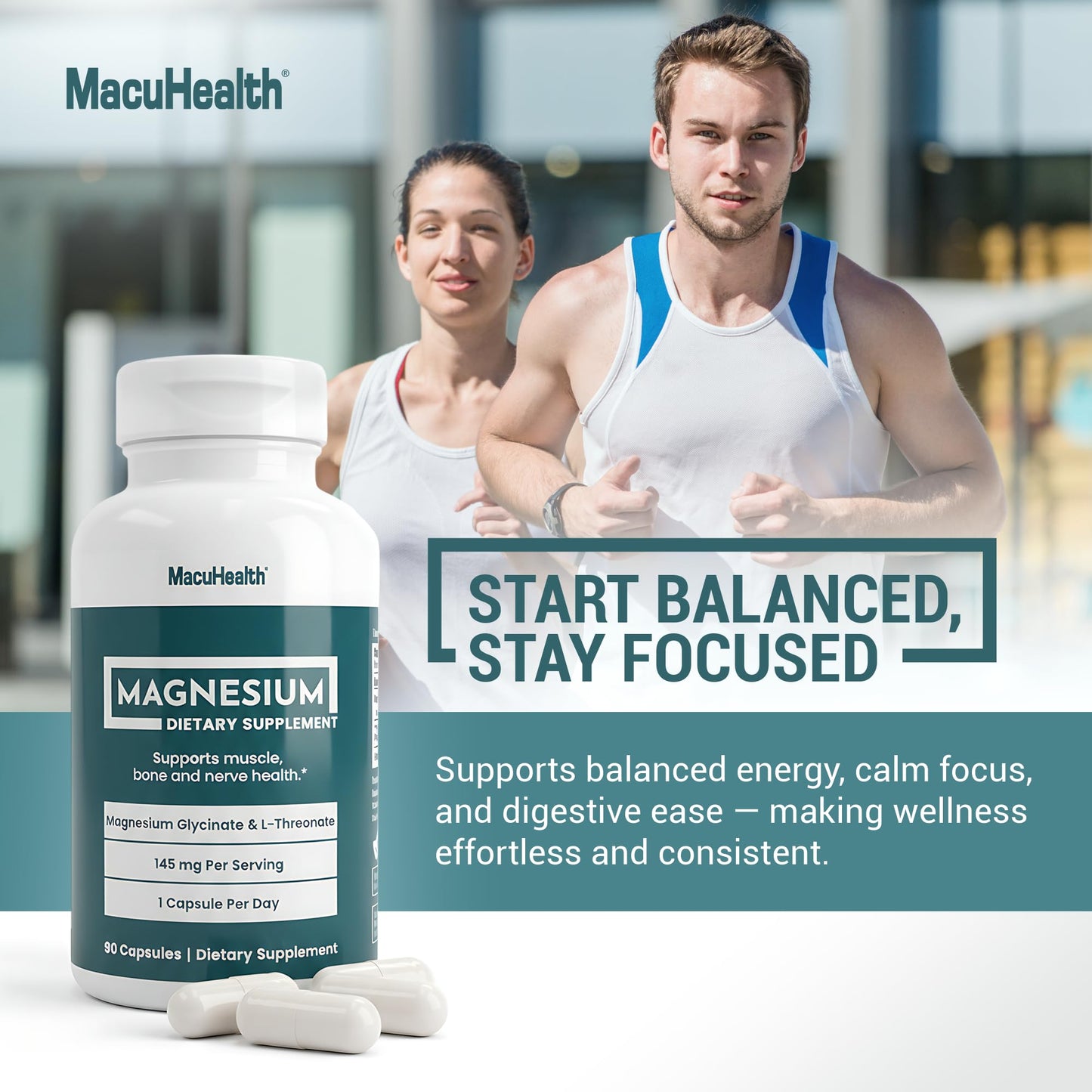MacuHealth Magnesium Glycinate & L-Threonate 145mg - 90 Capsules - Highly Absorbable Magnesium for Energy, Calm & Focus - Gentle on Stomach, Vegan, Non-GMO