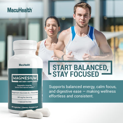 MacuHealth Magnesium Glycinate & L-Threonate 145mg - 90 Capsules - Highly Absorbable Magnesium for Energy, Calm & Focus - Gentle on Stomach, Vegan, Non-GMO