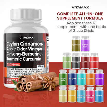 Ceylon Cinnamon, Apple Cider Vinegar, Turmeric - Gluco Health Support - Panax Ginseng, Berberine, Bitter Melon Milk Thistle Fenugreek -