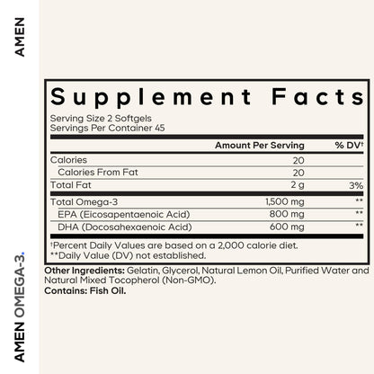 Amen Omega-3 Supplement - 1500mg High-Potency Daily Omega 3 - EPA and DHA Fatty Acids Fish Oil - 45-Day Supply - Fatty Acid Supplements - Fish Oil Pills