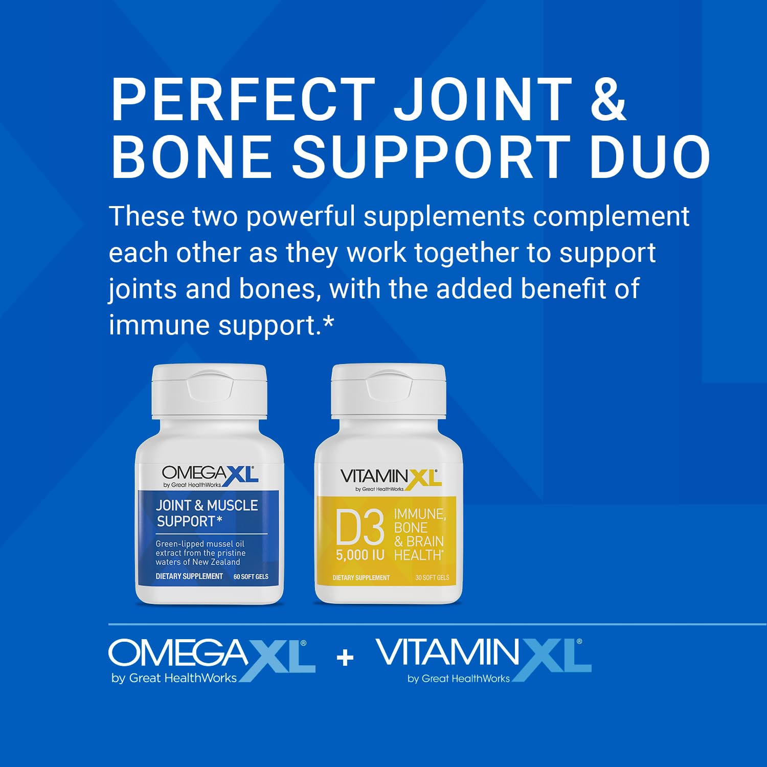 OmegaXL Joint Support Supplement - 60 Softgels & VitaminXL D3 High Potency Daily Vitamin D 5000 IU 125mcg Immune Support Supplement (30 Softgels) - 2 Pack OmegaXLBuy Supplements Australia