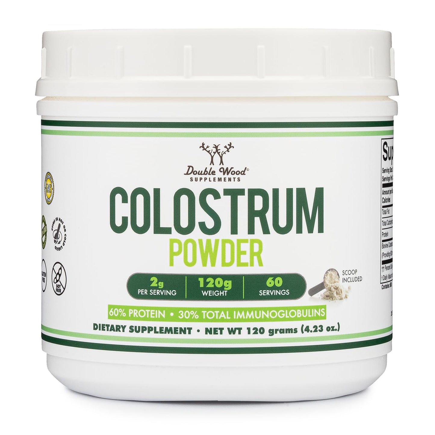 Double Wood Supplements Bovine Colostrum Powder for Women and Men, for Gut Health, Skin & Hair, Immune Support (120 Grams, 60 Day Supply - Standardized