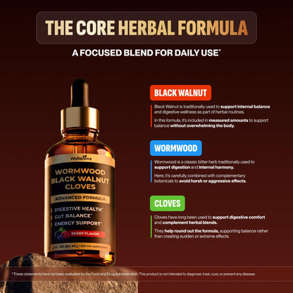 Wellanova Wormwood Black Walnut Clove Cleanse for Humans - Advanced Detox for Adults - Gut Health Supplement with Wormwood Herb, Black Walnut Hull, Clove
