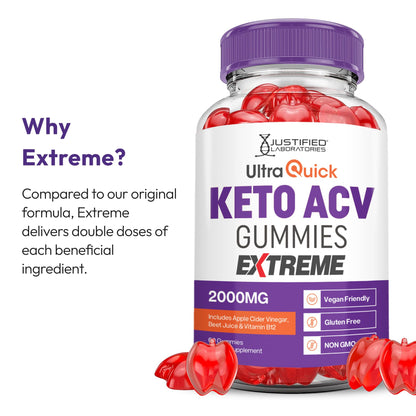 Justified Laboratories Ultra Quick Keto ACV Gummies Extreme (2000 mg) - 60 Count - Formulated with Apple Cider Vinegar, Folate & Vitamin B12