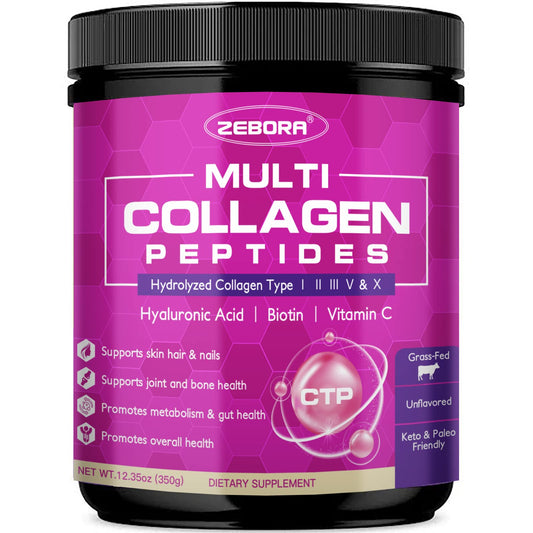 ZEBORA Multi Collagen Peptides Powder - Hydrolyzed Collagen Type I II III V X with Hyaluronic Acid, Biotin, Vitamin C - Support Skin Hair Nail Joints,