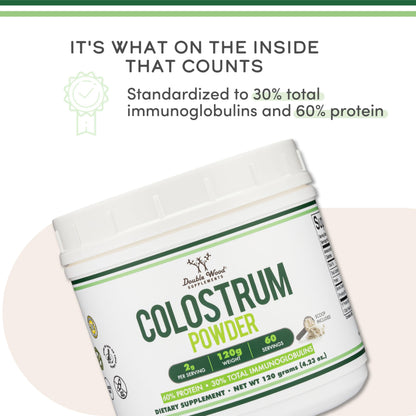 Double Wood Supplements Bovine Colostrum Powder for Women and Men, for Gut Health, Skin & Hair, Immune Support (120 Grams, 60 Day Supply - Standardized