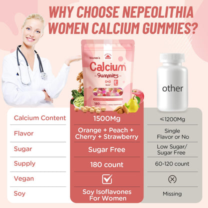 Calcium Gummies for Women – 1500mg Calcium Citrate with Vitamin D3, K2, Magnesium, Zinc, Boron & Soy Isoflavones – Calcium Supplement, Vegan, Zero Sugar, Mixed Fruit Flavors, 360 Count