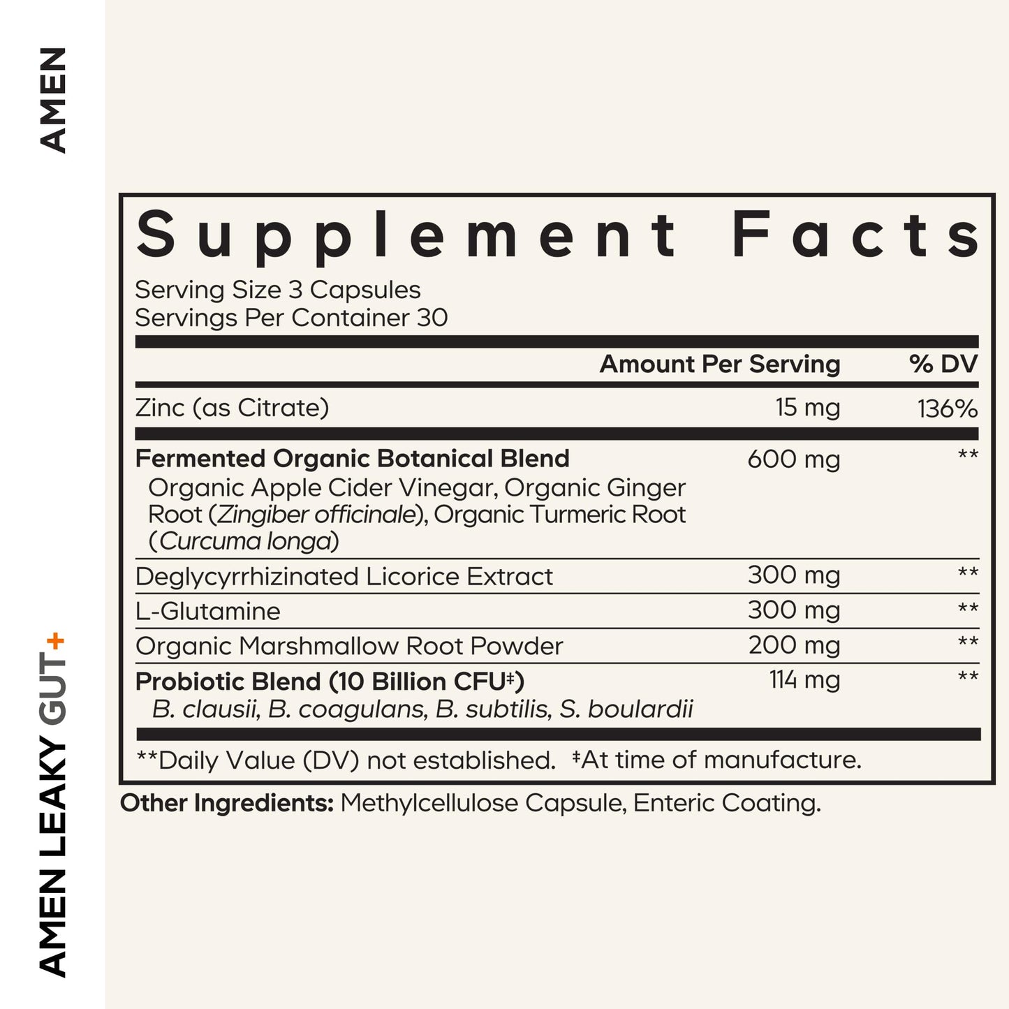 Amen Leaky Gut Supplement - Advanced Formula with Bioavailable L Glutamine, Zinc, Turmeric, DGL Licorice Root - Marshmallow Root - Probiotics & Fermented Prebiotics