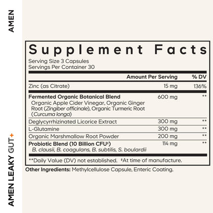 Amen Leaky Gut Supplement - Advanced Formula with Bioavailable L Glutamine, Zinc, Turmeric, DGL Licorice Root - Marshmallow Root - Probiotics & Fermented Prebiotics