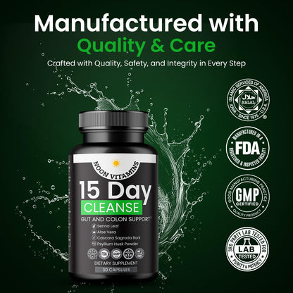 15-Day Colon Cleanse & Gut Detox – Natural Probiotic Cleanser with Senna Leaf, Psyllium & Aloe – Halal for Men & Women – Supports Digestive Health