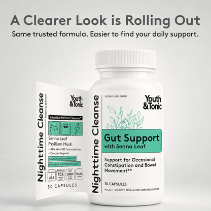 Youth & Tonic Overnight Intestinal Cleanse Supplement for Occasional Constipation Relief, Gut & Colon Cleanse Detox with Senna Leaf, Psyllium Husk Powder