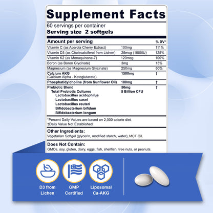 Liposomal Calcium AKG Supplement 1500mg with Vitamin D3 & K2 Softgels for Women & Men│ High Absorption│Calcium Supplements with Magnesium Glycinate