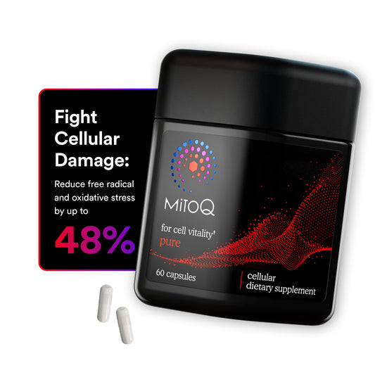 MitoQ supplement container with capsules on a white background