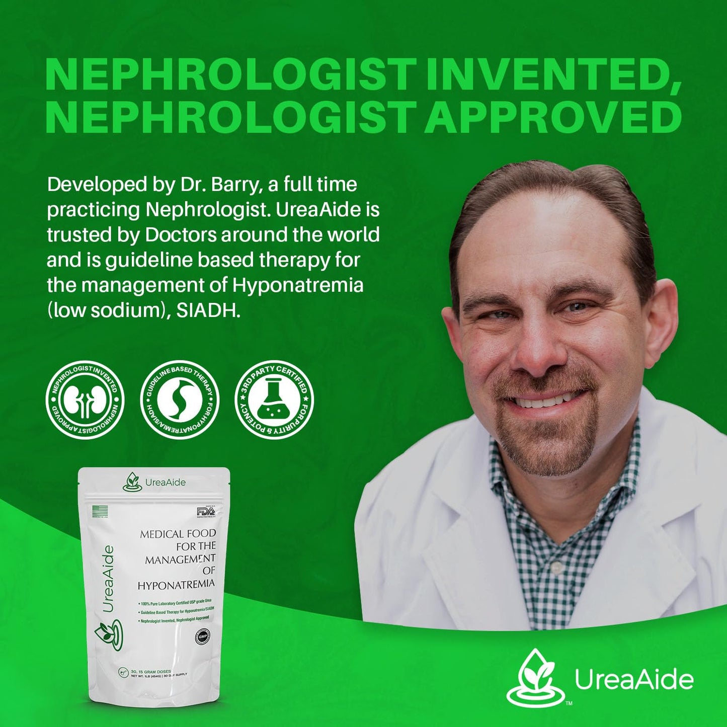 UreaAide Unflavored Urea Powder for Low Sodium 30 Servings Oral Urea Powder for Hyponatremia-Single Ingredient 100% Medical Grade Urea with 15 gram Dose Scoop