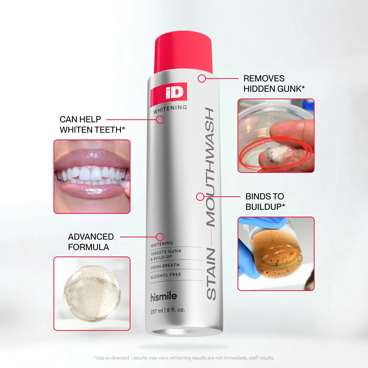 Hismile iD Stain Whitening Mouthwash, Gunk Removing Mouthwash for Fresh Breath, Hydrogen Peroxide Mouthwash to Promote Whiter Teeth,