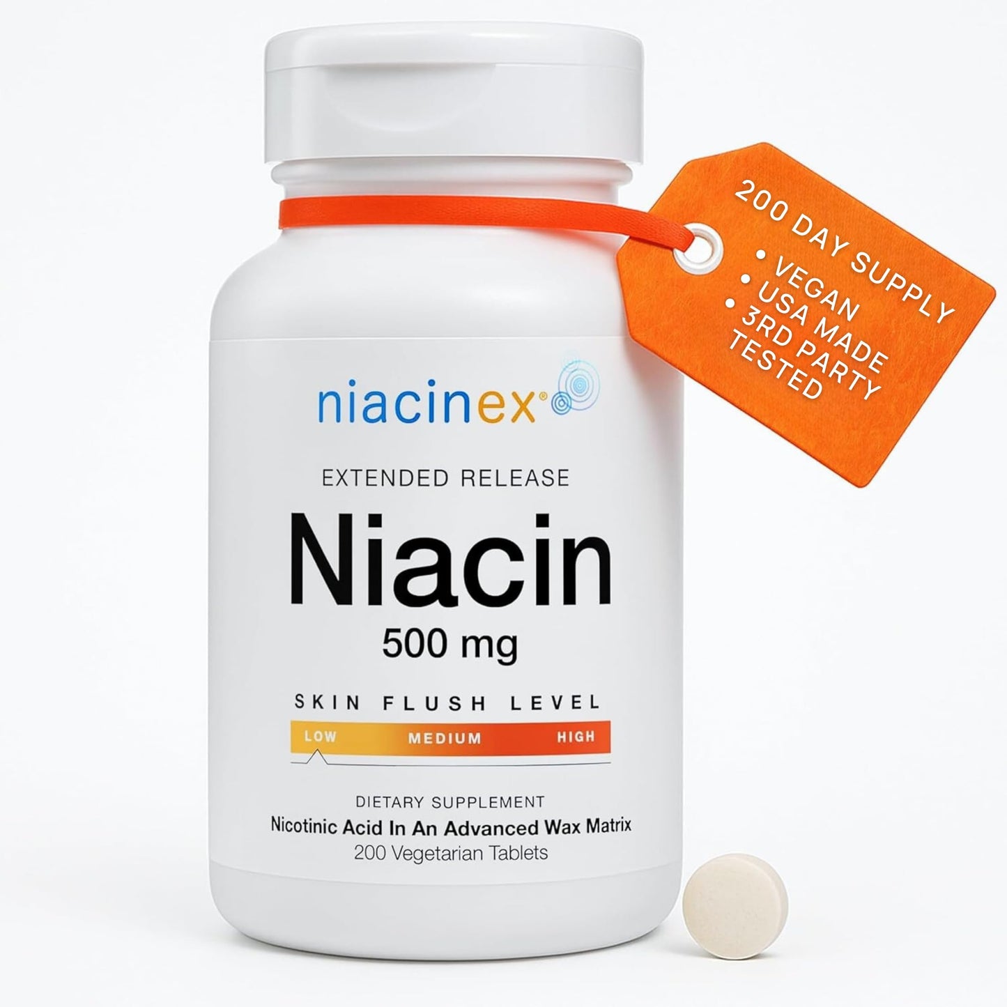 Niacinex Niacin 500mg Extended Time Release, 200 Tablets, Minimal to No-Flush, Vitamin B3 Supplement - Cholesterol Balance