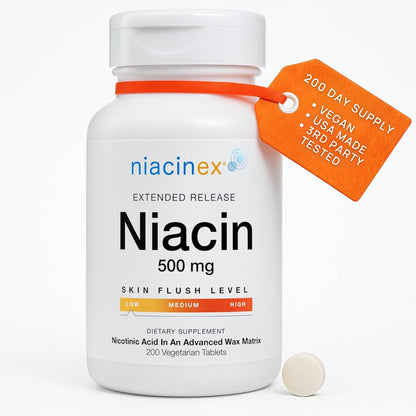 Niacinex Niacin 500mg Extended Time Release, 200 Tablets, Minimal to No-Flush, Vitamin B3 Supplement - Cholesterol Balance